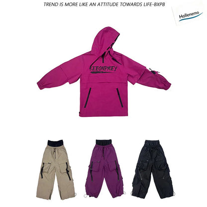 Men Women Winter Ski Snowboard Pants Cargo Multi‑Pocket Waterproof Windproof Drawstring Waist Adjustable Cuff Purple SnowTrouser