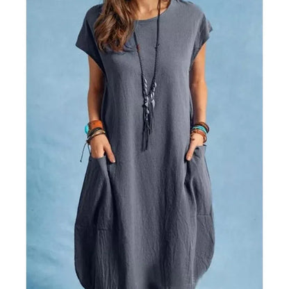 Spring and Summer Europe and the United States Amazon stand alone ebay cotton linen loose casual pure color pocket dress ladies