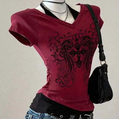 Y2K Grunge Style Summer Women's Gothic Punk V-neck Strap up T-shirt with Skull and Wings Print