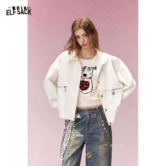 ELFSACK Women's Loose Workwear Denim Jacket, Streetwear Casual Oversized Tops with Vintage Style