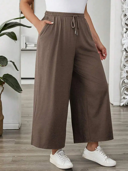 Plus Size Women's Solid Color Drawstring Wide Leg Loose Casual Summer Outfits Pants