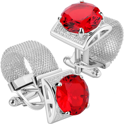 HAWSON Birthstone Crystal Cufflinks for Men Silver Luxury with Chain Wedding Birthday Christmas Gift