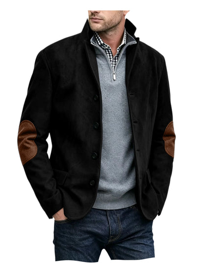 Vintage Men's Suede Blazer Notch Lapel Elbow Patches Slim Fit Jacket Business Casual Men Fashion Outerwear for Spring Autumn