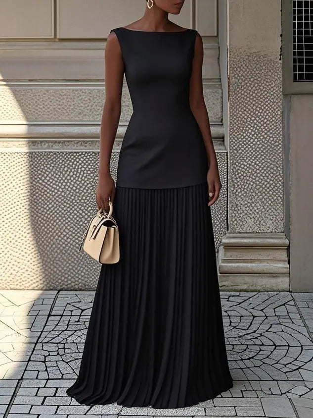 Cosplay Sexy Hollow Knit Dress Women Elegant Long Sleeveless Tank Dress Solid Splice Pleated Boho Slim Slash Neck Female Set