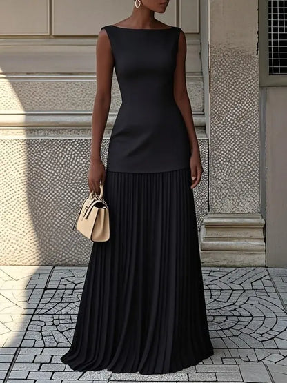 Cosplay Sexy Hollow Knit Dress Women Elegant Long Sleeveless Tank Dress Solid Splice Pleated Boho Slim Slash Neck Female Set