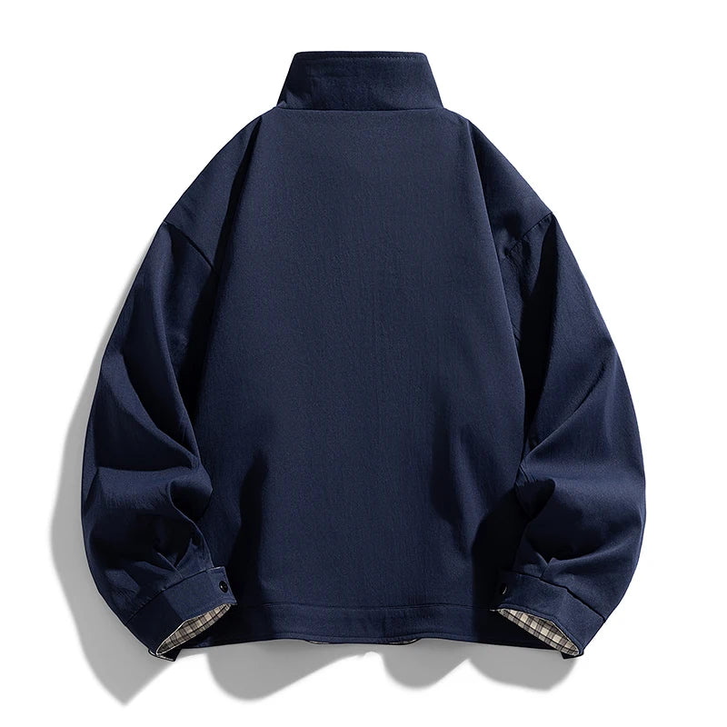 Men's Stand-Collar Casual Jacket – Solid Color Loose Fit Zip-Up Windbreaker with Plaid Lining Streetwear Outerwear