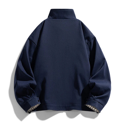 Men's Stand-Collar Casual Jacket – Solid Color Loose Fit Zip-Up Windbreaker with Plaid Lining Streetwear Outerwear