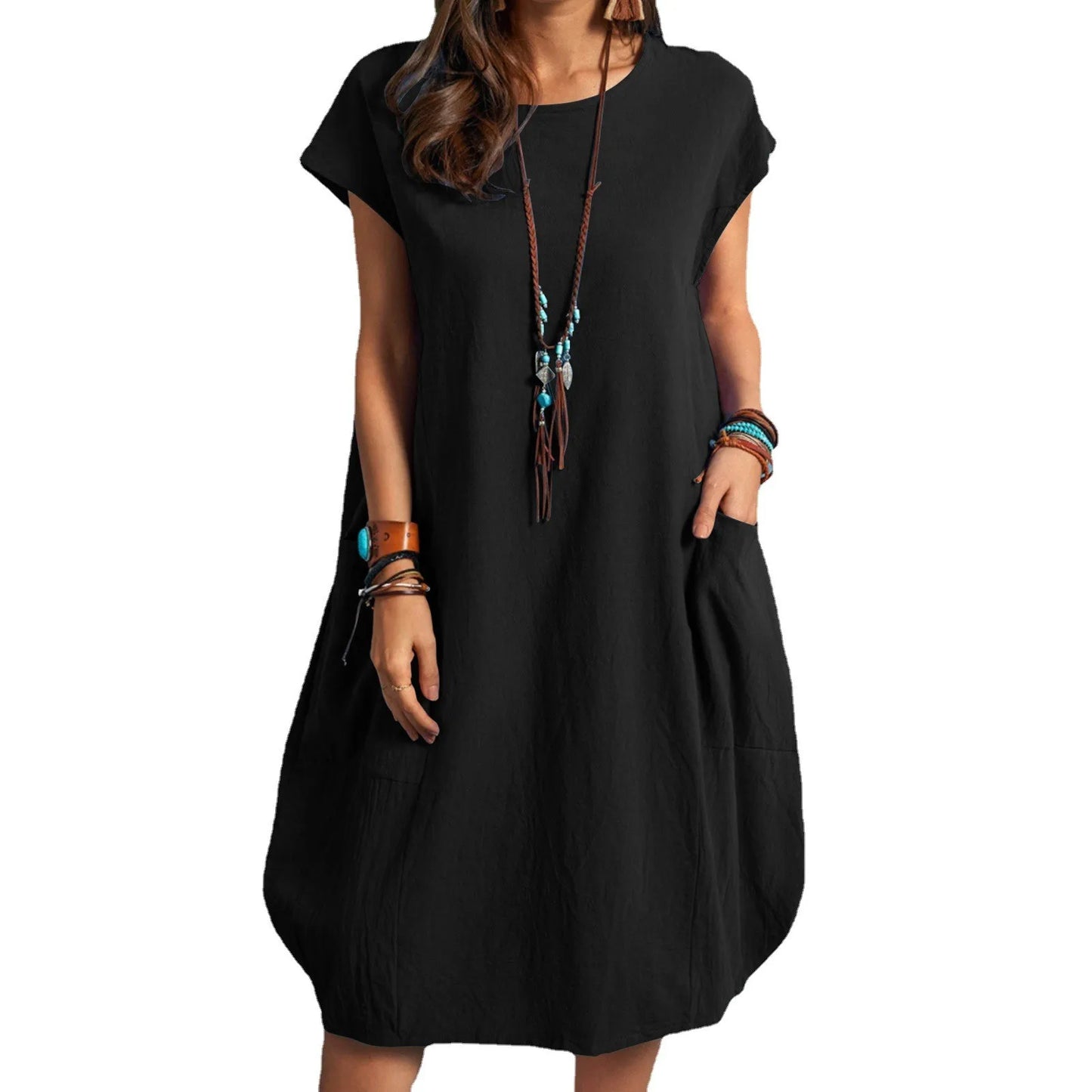 Spring and Summer Europe and the United States Amazon stand alone ebay cotton linen loose casual pure color pocket dress ladies
