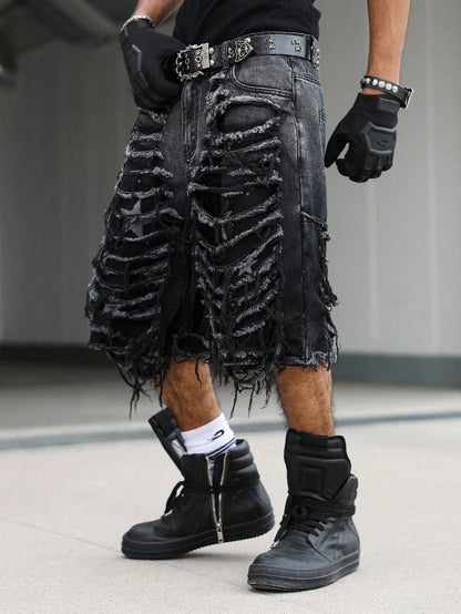 Men's Gothic Vintage Aesthetic Black Washed Ripped Denim Shorts, Summer Trendy Loose Raw Edge Fringed Five-Point Pants