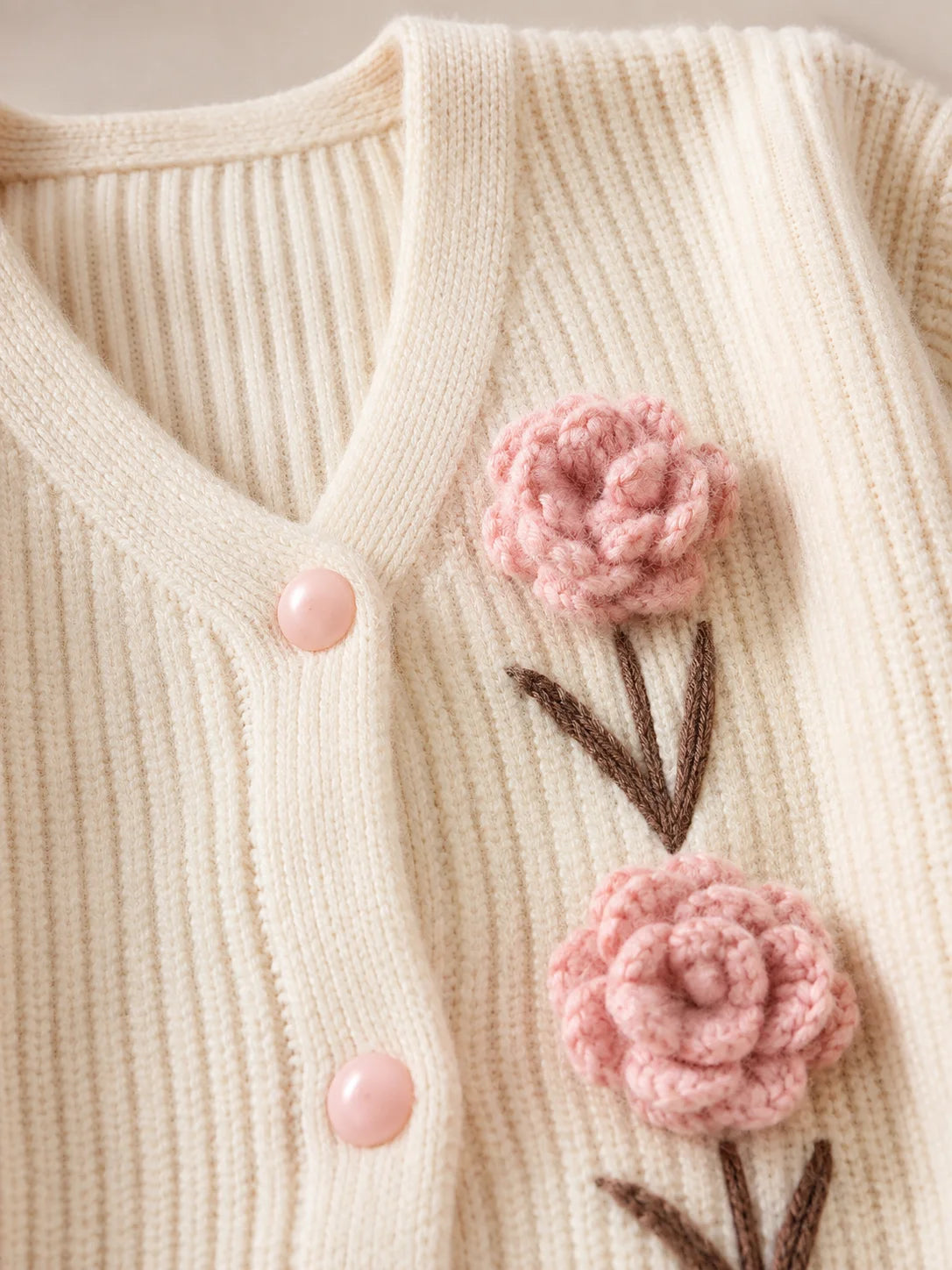3D Crochet Floral V Neck Knit Cardigan for Women, Long Sleeve Heart Button Cropped Sweater Coat, Sweet Cute Knitwear for Fall Daily Casual Outfit