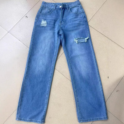 Jeans Women Denim Pant Wide Leg Long Pants Hole High Waist Straight Trousers Y2k Streetwear Work Splice Casual 2026 Punk