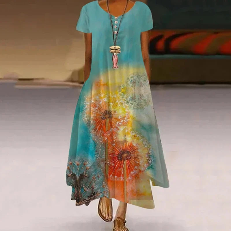 Women's Fashionable Dandelion Short Sleeved Dress Summer Casual Print Long Dress