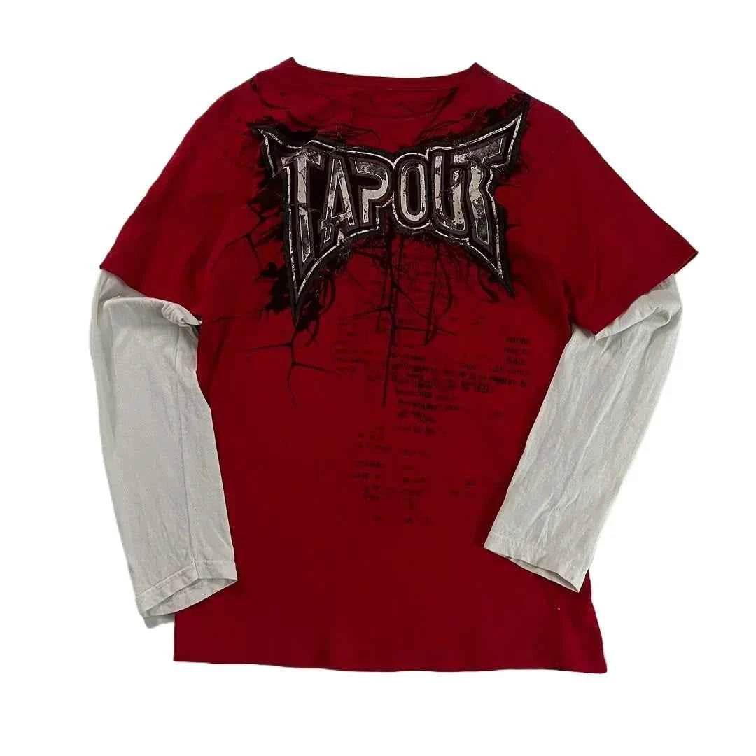 2000s T shirt Summer New Hip Hop Red Round Neck Oversized Long Sleeved T shirt Men Women Casual Gothic Clothing Tops Streetwear