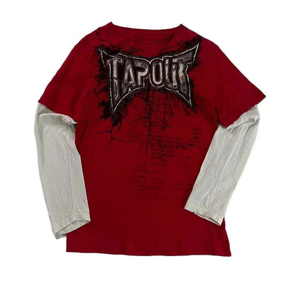 2000s T shirt Summer New Hip Hop Red Round Neck Oversized Long Sleeved T shirt Men Women Casual Gothic Clothing Tops Streetwear