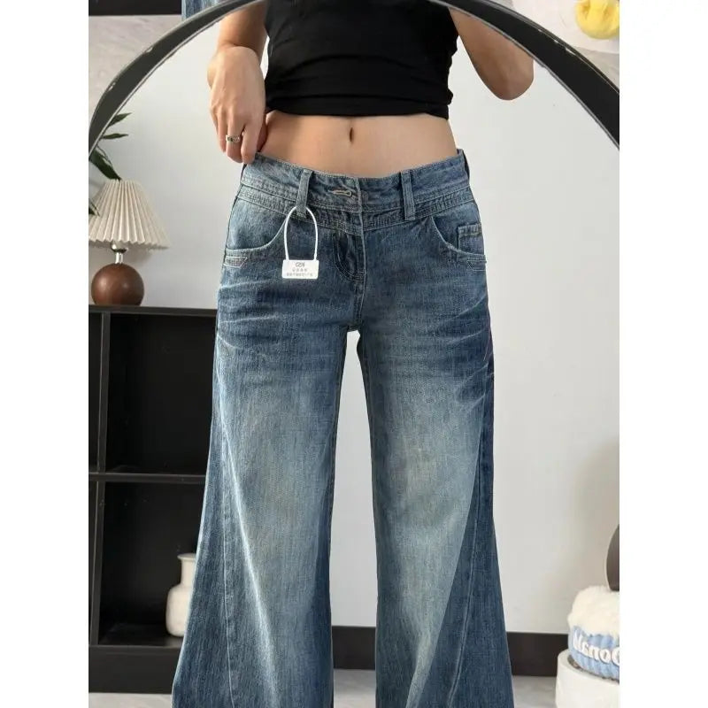 New American Vintage Edgy Low Waist Washed Jeans Women Lightning Crack Flared Wide Leg Floor Length Versatile Denim Pants