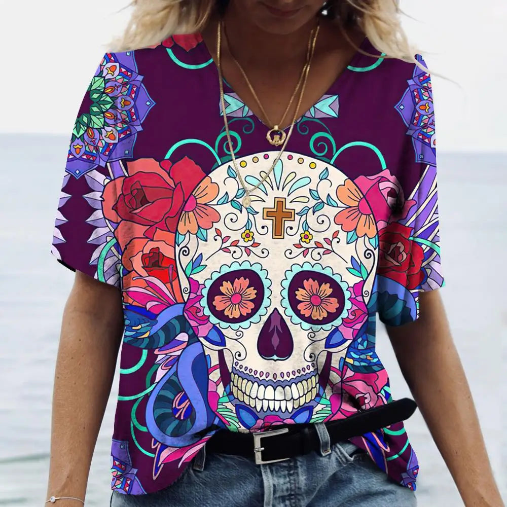 Skulls T-shirt Women's Shirt Fashion Short Sleeve New Casual Top Tee Ladies Girl Clothing V Neck T Shirt For Women