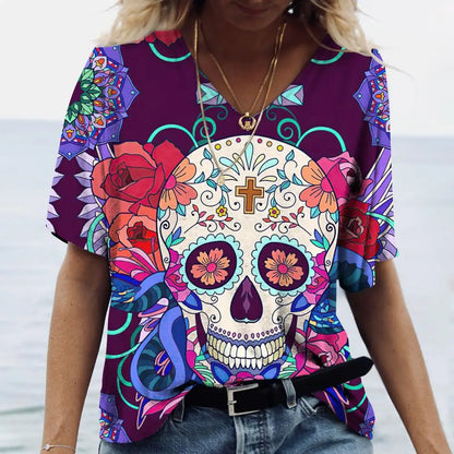 Skulls T-shirt Women's Shirt Fashion Short Sleeve New Casual Top Tee Ladies Girl Clothing V Neck T Shirt For Women