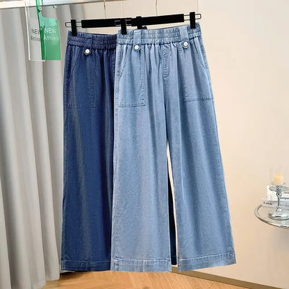 Women Plus Size Lightweight Lyocell Straight Jeans Casual Wide Leg Ninth Pants For Curvy Ladies 0266