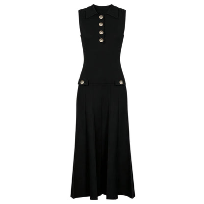 ZJYT Summer New 2026 Fashion Knit Dresses for Women Sleeveless Elegant Turn Down Collar Midi Pleated Casual Party Dress Beige