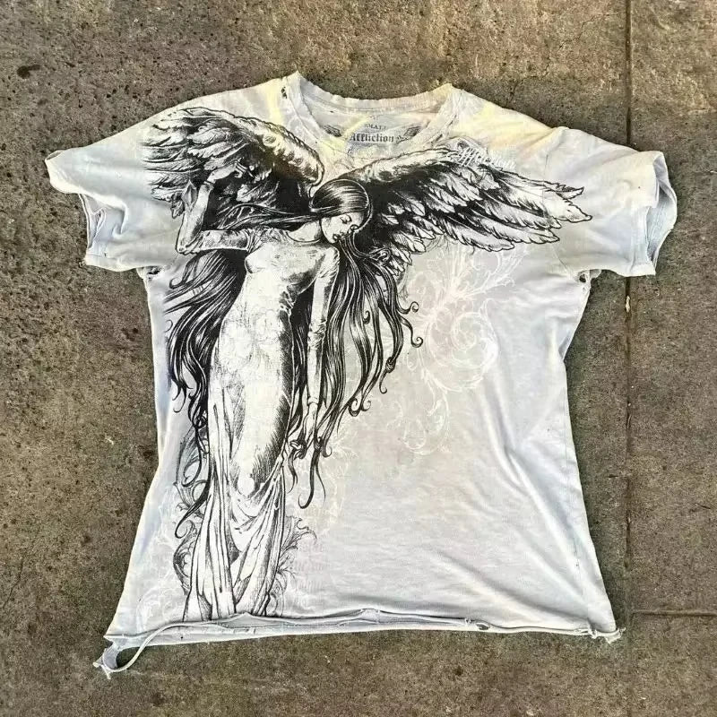 Retro Classic Gothic Style T-shirt Print Oversized Shirt High Street Shirts Gothic Round Neck Cotton Tops New Mens Women T Shirt