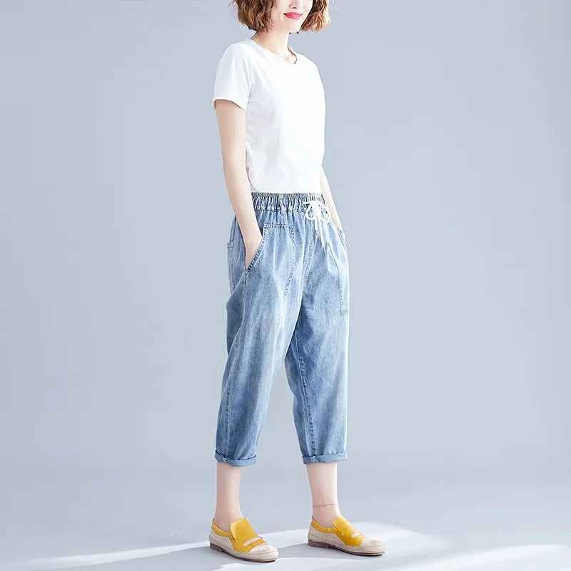 plus Size Women's Denim Jeans Seven-Foot Casual Thin Waed Harlan Wide Leg Pants Elastic Waist Versatile Summer Thin