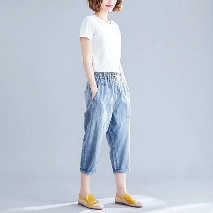 plus Size Women's Denim Jeans Seven-Foot Casual Thin Waed Harlan Wide Leg Pants Elastic Waist Versatile Summer Thin