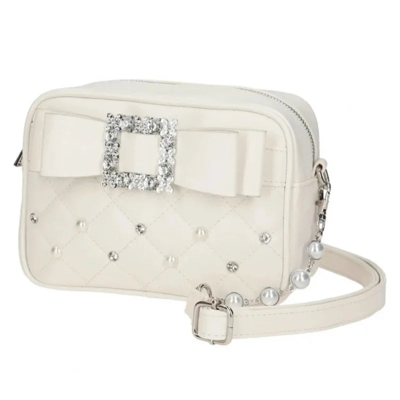 Sweet Knot Pearl Oulder Crossbody Bag Diamond Id Pattern Small Square Bag Faionable for Young Women Pearl Shoulder Rhinestones