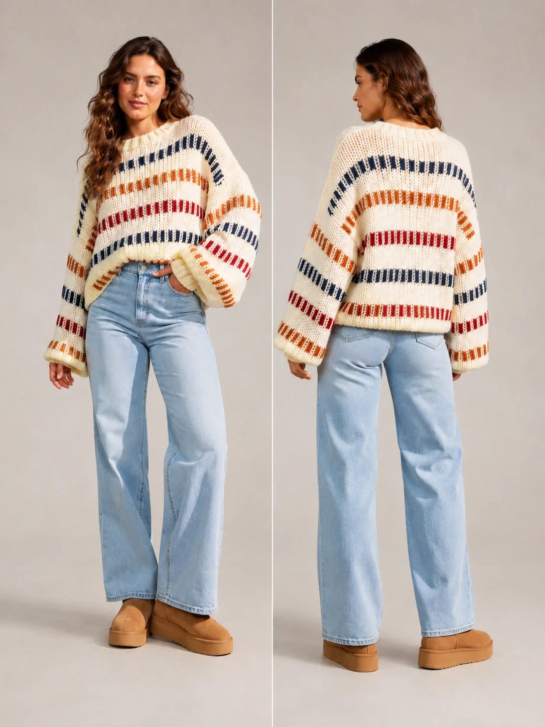 Vibrant Color Block Stripe Chunky Knit Sweater for Women, Oversized Crew Neck Long Balloon Sleeve Loose Pullover Jumper,