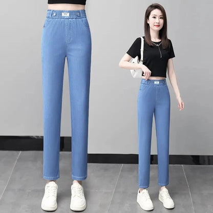 Ice Silk Jeans Women Summer Thin Blue Denim Trousers New Elastic High Waist Straight Extend Pantalons Female Ankle-Length Pants