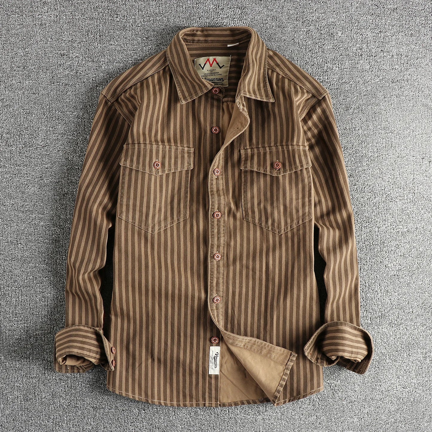 2025 Autumn and Winter New American Retro Stripe Long-Sleeve Lapel Shirt Men's Simple Fashion Washed Multi-Pocket