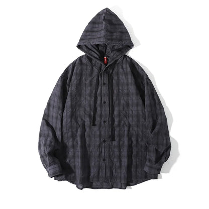 Mens Unisex Oversized Hooded Flannel Style Plaid Shirt Jacket Long Sleeve Button Down Casual Lightweight Jacket for Spring Fall