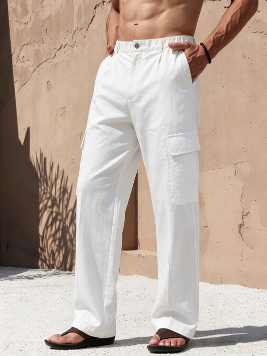 Men's American Cargo Straight Leg Pants, Button Waist & Side Cargo Pockets, Breathable Drape Fabric, Loose Fit Trousers