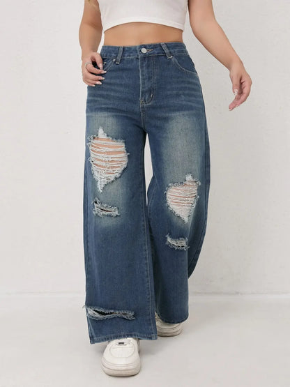 Trendy Wide Leg Distressed Straight Jeans for Women Elastic Casual Bootcut Denim Pants Bestseller Fashionable Ladies Jeans