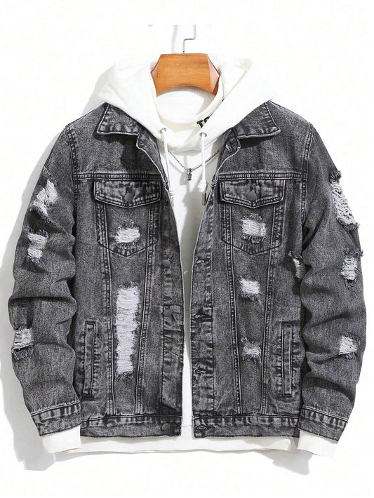 1Pc Y2Kmen's Four Seasons Destroyed Stone Washed Light Jacket Daily American Street Casual Denim Jacket (No Hood/No Accessories)