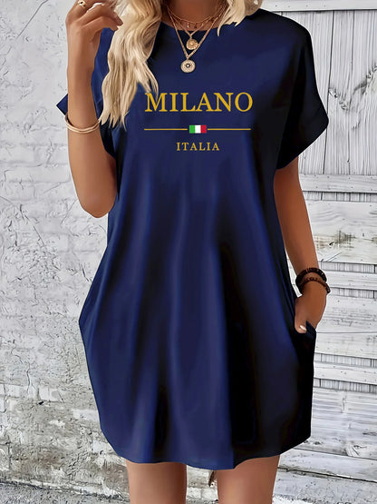 Ladies' summer loose MILANO ITALIA letter pattern printed round neck short sleeved pocket comfortable casual plus size dress