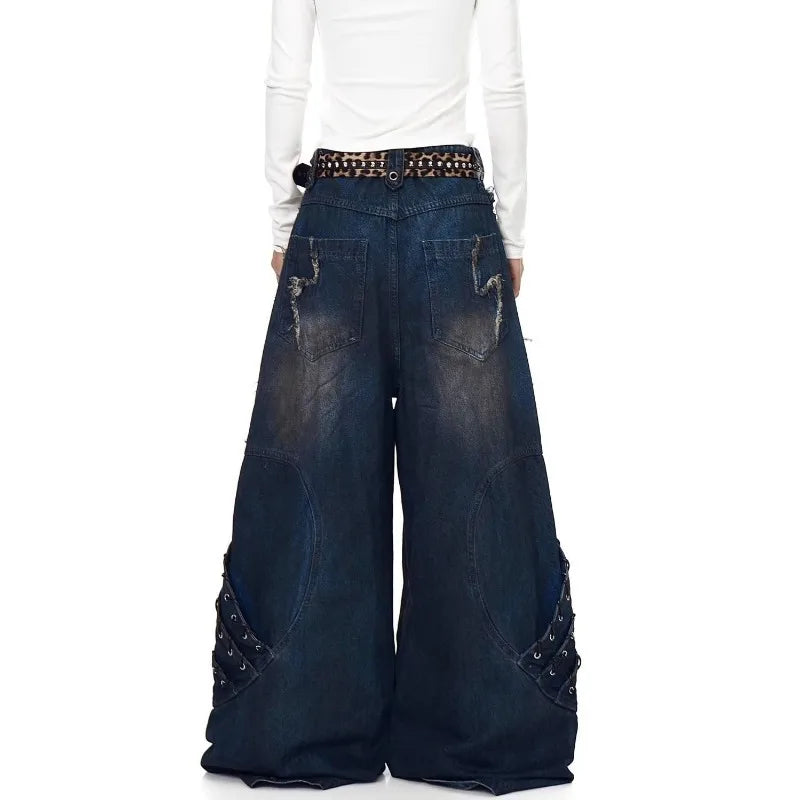 2026 New American  Jeans with Old Washing and Splicing Burrs Women Y2K Hip Hop Popular Casual Joker Wide-leg Pants