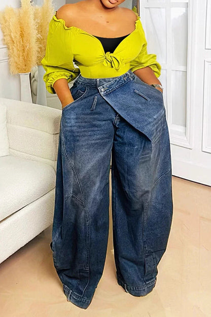 Y2K Women Loose Denim Jeans Asymmetric Button Pocket Washed Jean Casual Harajuku High Street Grunge Denim Trouders Pants