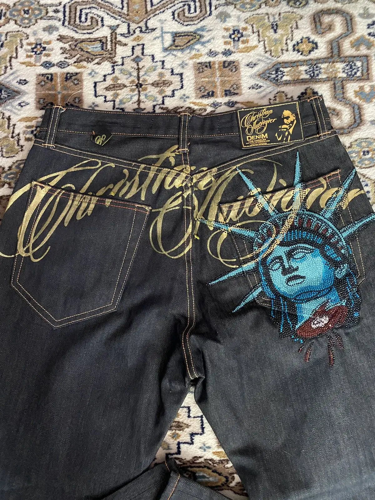 2000s Vintage Statue of liberty Diamonds Jeans Casual Denim Pants High Waist Straight Wide Leg Jeans