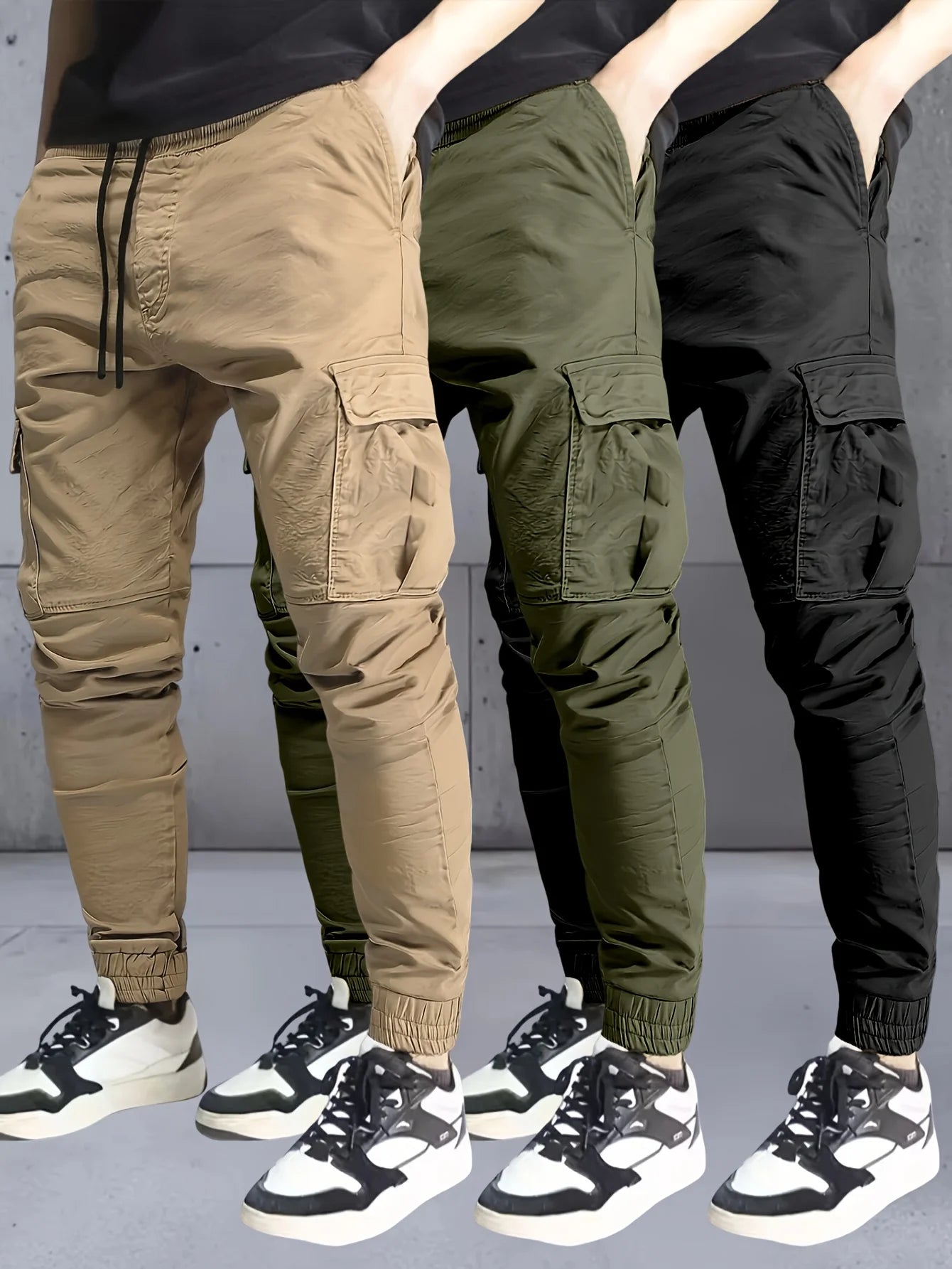 3 pieces of long pants for men, regular fashion pants and sports pants, pocket elastic waistband and ankle pants, work pants