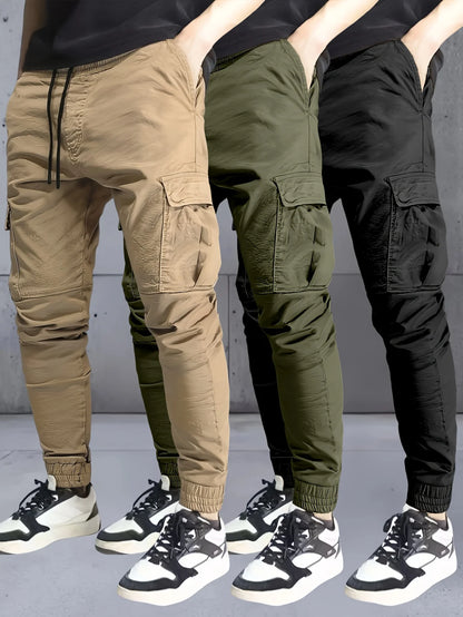 3 pieces of long pants for men, regular fashion pants and sports pants, pocket elastic waistband and ankle pants, work pants