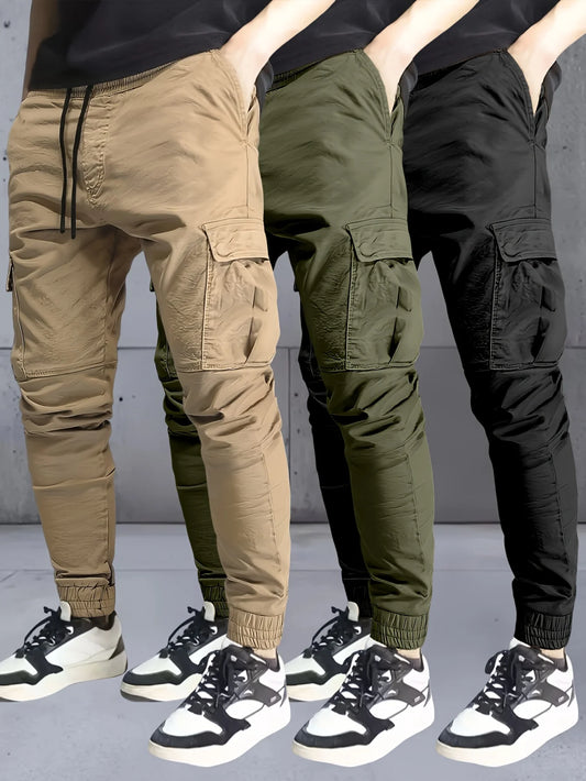 3 pieces of long pants for men, regular fashion pants and sports pants, pocket elastic waistband and ankle pants, work pants