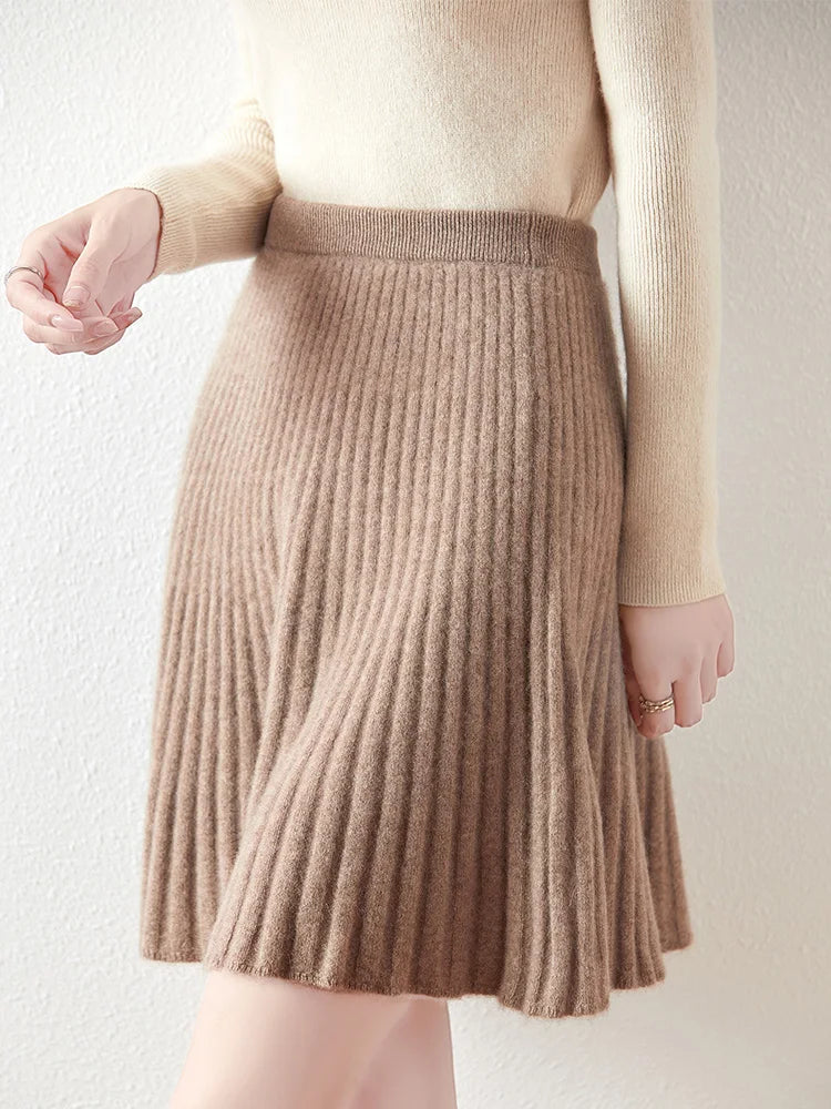 Women's Wave Short Skirt 100% Merino Wool Mini Skirts Autumn Winter Sweater Umbrella Skirt High Waist Stretch Sweet Knit Dresses