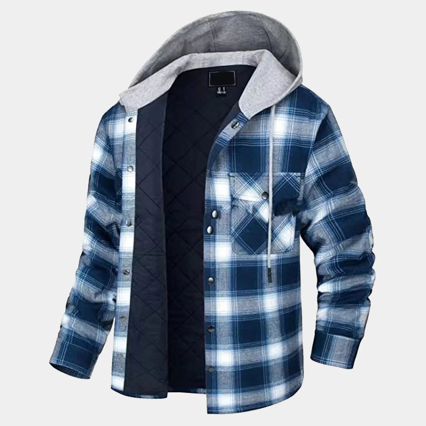 Men'S Flannel Shirt Jacket Plaid Quilted Lined Drawstring Winter Casual Coats Thick Hoodie Outwear Man Fleece Shirts Jacket