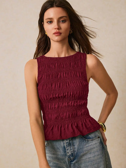 Women's Smocked Ruffled Tank Top Solid Yellow Summer Casual Top