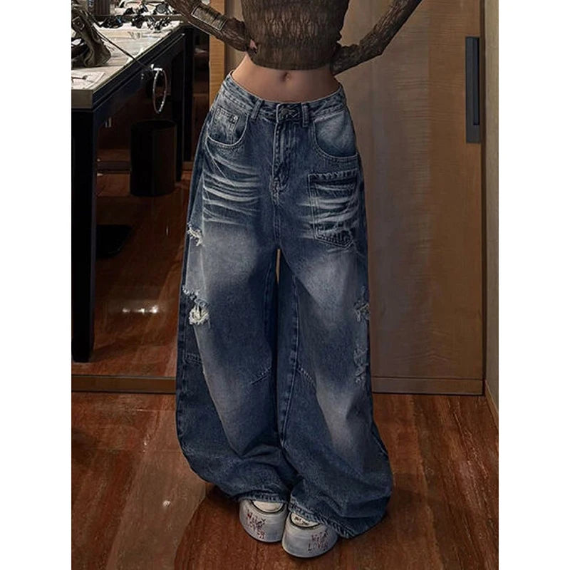 YIBASHU 2026 Summer Women's Ripped Denim Pants Y2K Men Wide Fit Baggy Jean Japanese Harajuku Jean Punk Tide Mom Jeans Boyfriend