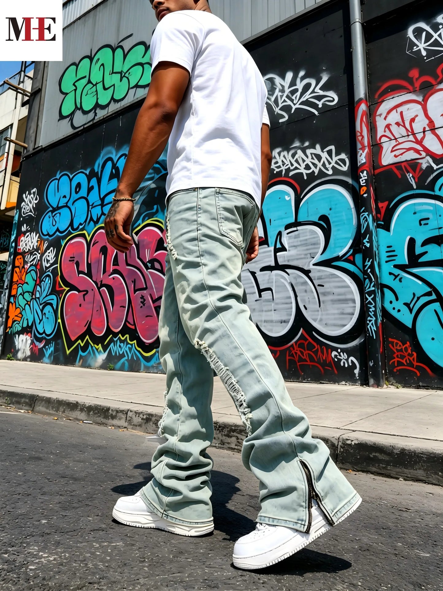 HME Men's Flared Denim Pants, Light Blue Vintage Jeans with Rips & Zipper Hem for Casual Style