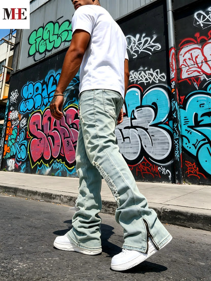 HME Men's Flared Denim Pants, Light Blue Vintage Jeans with Rips & Zipper Hem for Casual Style