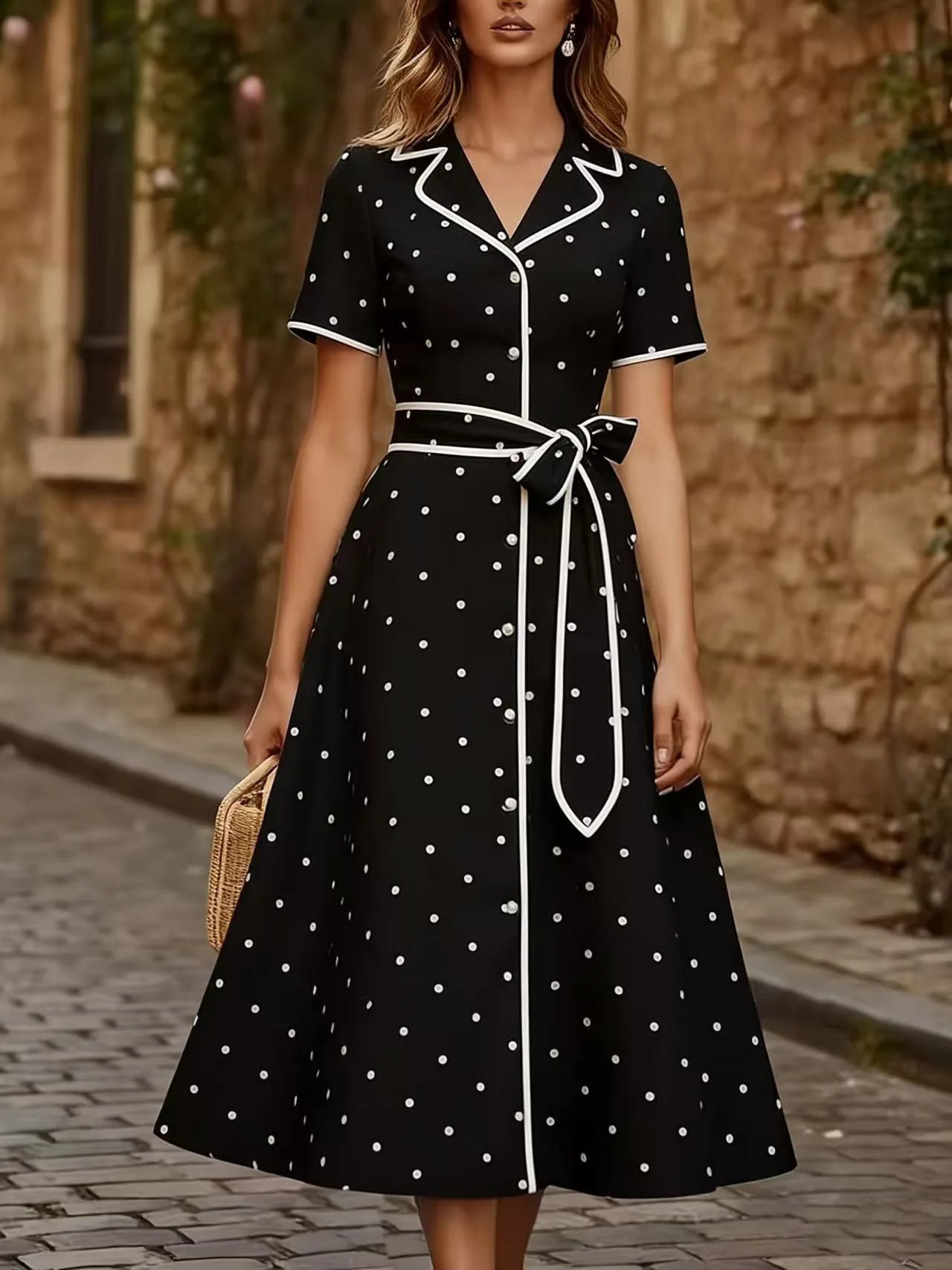 Vintage French Style Polka Dot V Neck Summer Dress Slim Waist Tie Belt Midi A-Line Flared Casual Outfit