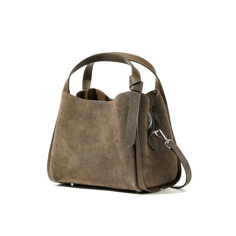 HIFASHION Luxury Genuine Leather Suede Bucket Bag For Women Vintage Top Handle Handbags Office Work Shoulder Crossbody Purses