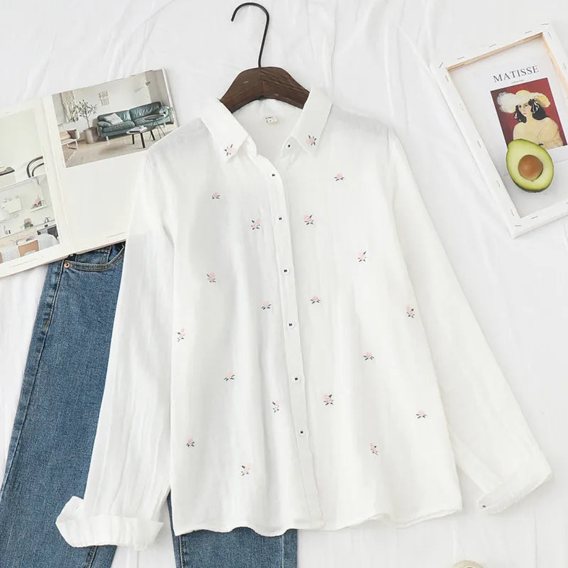 2026 Spring Autumn New Fresh Cotton Yarn Ladies Long Sleeve Shirt Flower Embroidered Women's Casual Shirt Female Blouse Clothes